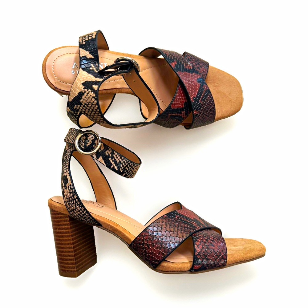 Alfani Snake Print Strappy Open Toe Ankle Strap Block Heel Sandals US 7 M